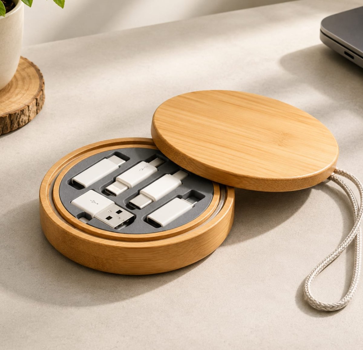 Round Bamboo Universal Charging Cable Kit