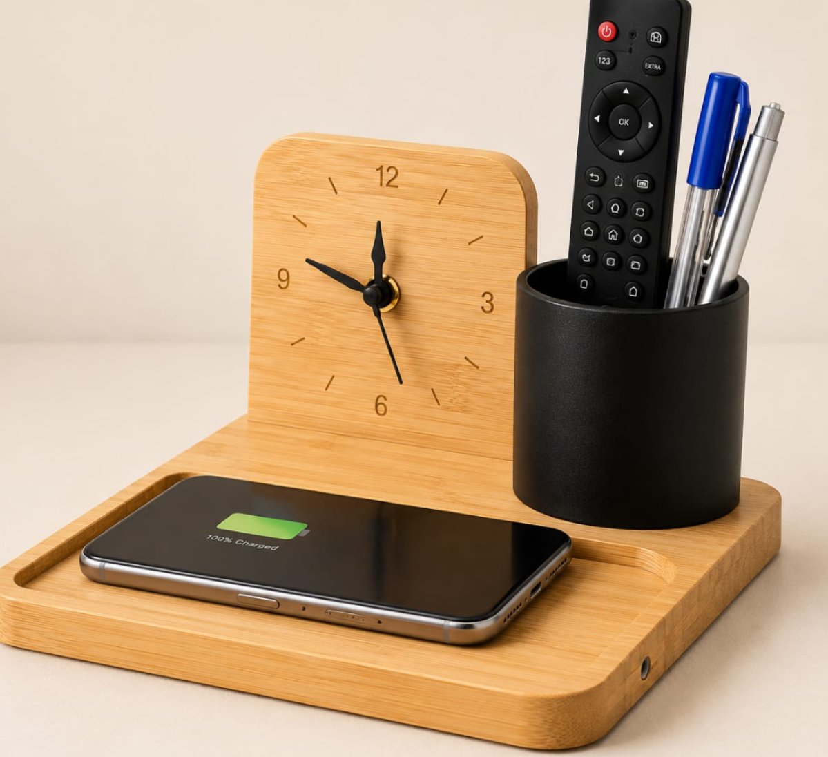 Bamboo Desk Organizer with Clock & Wireless Charger